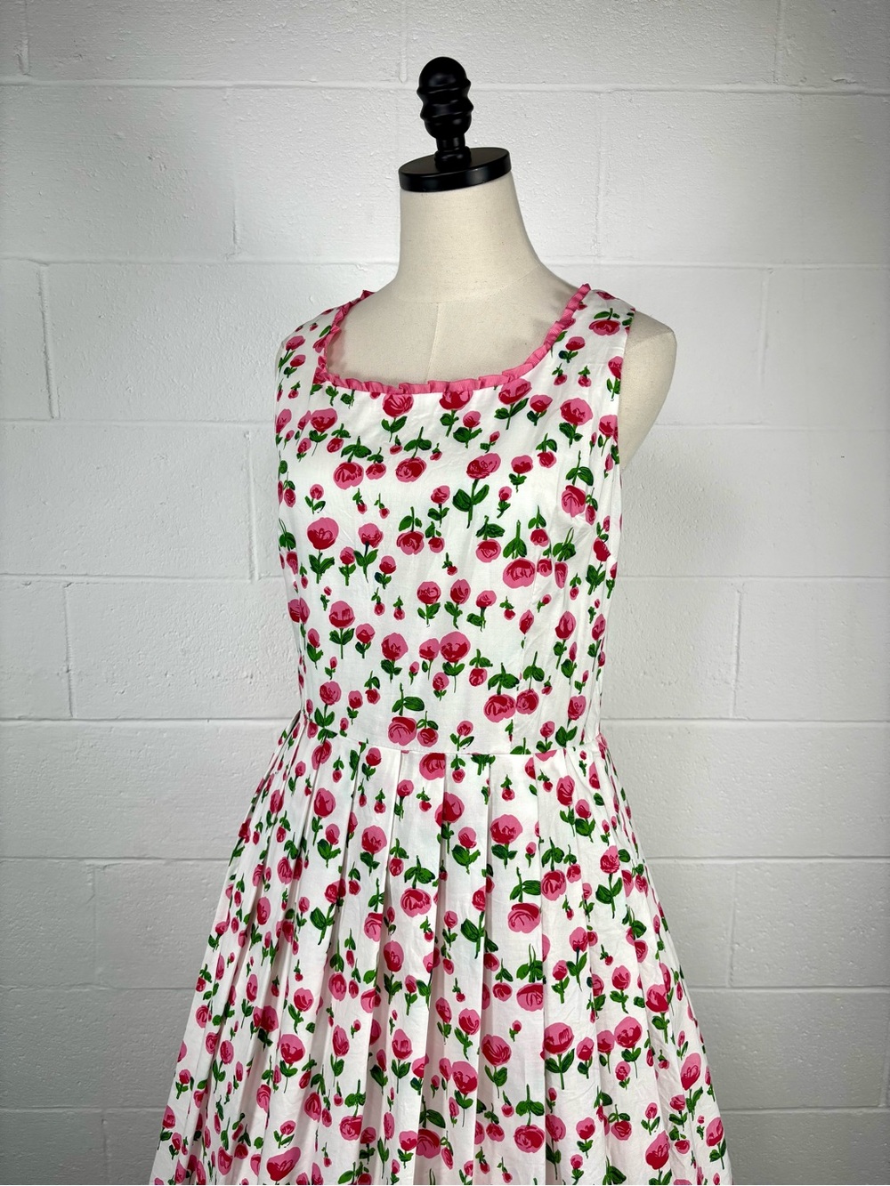 Vintage 90s Pink Rose Floral Fit Flare Day Dress Cotton Ruffle Trim Tradwife 14 - Picture 5 of 14